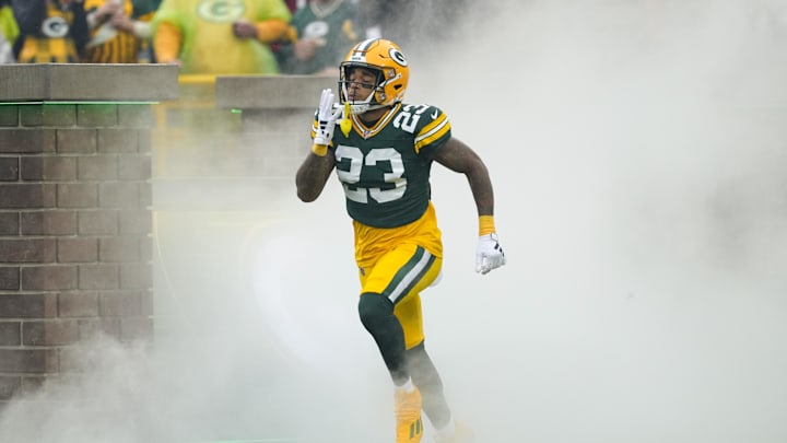 Oct 13, 2024; Green Bay, Wisconsin, USA;  Green Bay Packers cornerback Jaire Alexander (23) prior to the game against the Arizona Cardinals at Lambeau Field. Mandatory Credit: Jeff Hanisch-Imagn Images