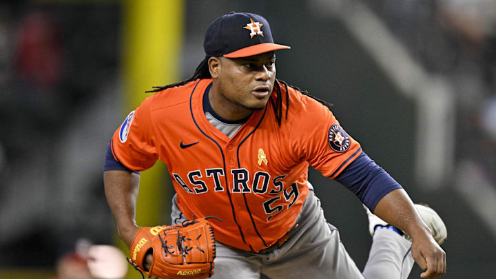 Sep 7, 2025; Arlington, Texas, USA; Houston Astros starting pitcher Framber Valdez (59) pitches against the Texas Rangers during the first inning at Globe Life Field. Mandatory Credit: Jerome Miron-Imagn Images