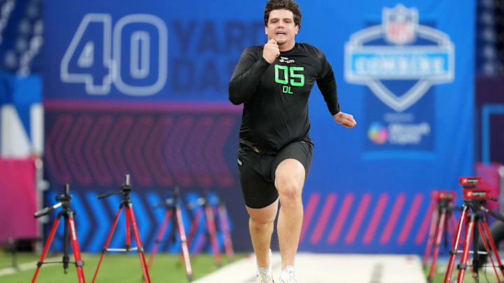 Mar 2, 2025; Indianapolis, IN, USA; LSU offensive lineman Will Campbell (OL05) during the 2025 NFL Scouting Combine at Lucas Oil Stadium. Mandatory Credit: Kirby Lee-Imagn Images