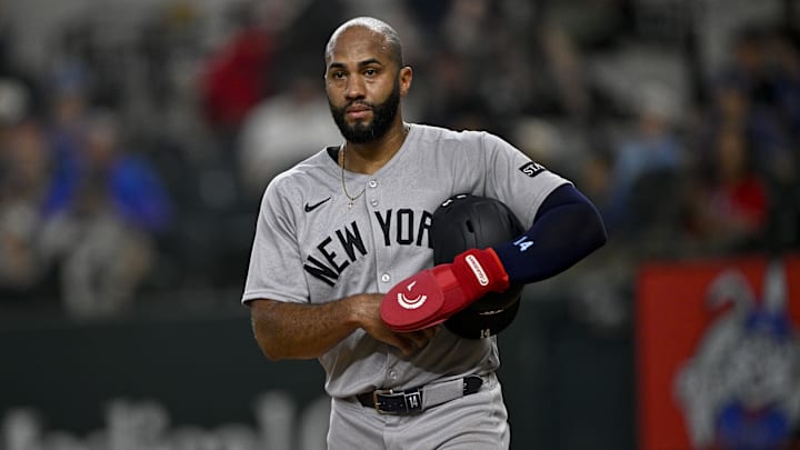 Aug 4, 2025; Arlington, Texas, USA; New York Yankees right fielder Amed Rosario (14) during the game between the Texas Rangers and the New York Yankees at Globe Life Field. Mandatory Credit: Jerome Miron-Imagn Images