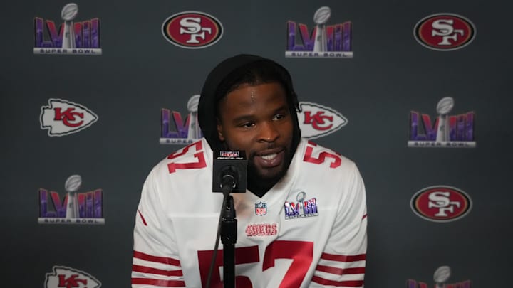 Feb 6, 2024; Las Vegas, NV, USA; San Francisco 49ers linebacker Dre Greenlaw (57) during a press conference before Super Bowl LVIII at the Hilton Lake Las Vegas Resort. Mandatory Credit: Kirby Lee-Imagn Images Feb 6, 2024; Las Vegas, NV, USA; San Francisco 49ers linebacker Dre Greenlaw (57) during a press conference before Super Bowl LVIII at the Hilton Lake Las Vegas Resort. Mandatory Credit: Kirby Lee-Imagn Images