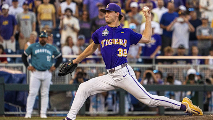LSU pitcher Kade Anderson throws during an NCAA College World Series game against Coastal Carolina on June 21 at Charles Schwab Field.