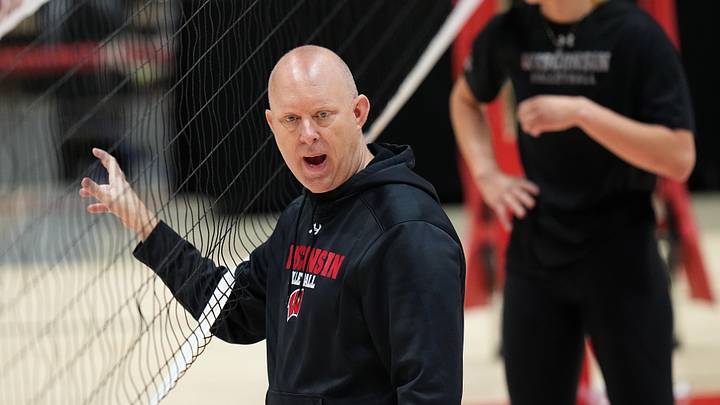 Wisconsin head coach Kelly Sheffield is shown during volleyball practice on August 22, 2022, in Madison, Wis. Wisconsin will be defending their NCAA national championship this season.