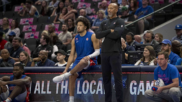 Oct 20, 2023; Dallas, Texas, USA; Detroit Pistons head coach Monty Williams and guard Cade