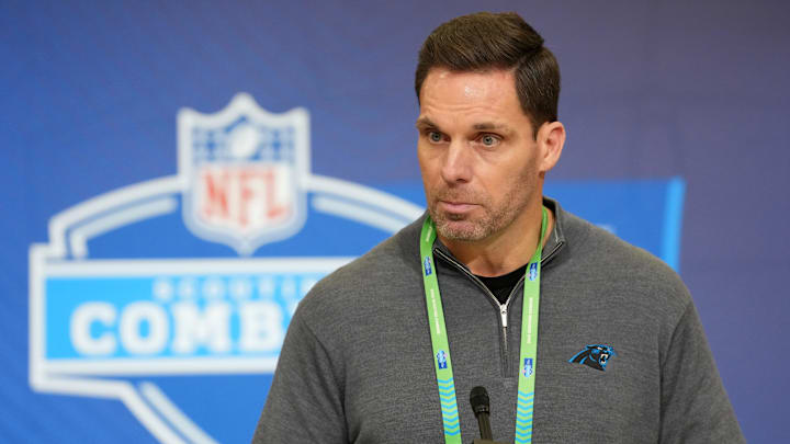 Feb 24, 2026; Indianapolis, IN, USA; Carolina Panthers general manager Dan Morgan speaks at the NFL Scouting Combine at the Indiana Convention Center. Mandatory Credit: Kirby Lee-Imagn Images Feb 24, 2026; Indianapolis, IN, USA; Carolina Panthers general manager Dan Morgan speaks at the NFL Scouting Combine at the Indiana Convention Center. Mandatory Credit: Kirby Lee-Imagn Images