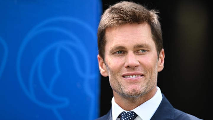 Aug 11, 2024; Inglewood, California, USA; New England Patriots retired quarterback Tom Brady before the game between the Los Angeles Rams and the Dallas Cowboys at SoFi Stadium. Mandatory Credit: Jonathan Hui-USA TODAY Sports