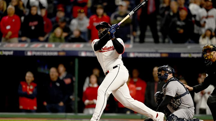 Jhonkensy Noel (43) hits a two-run home run during the ninth inning against the New York Yankees in Game 3 of the American League Championship Series at Progressive Field. 