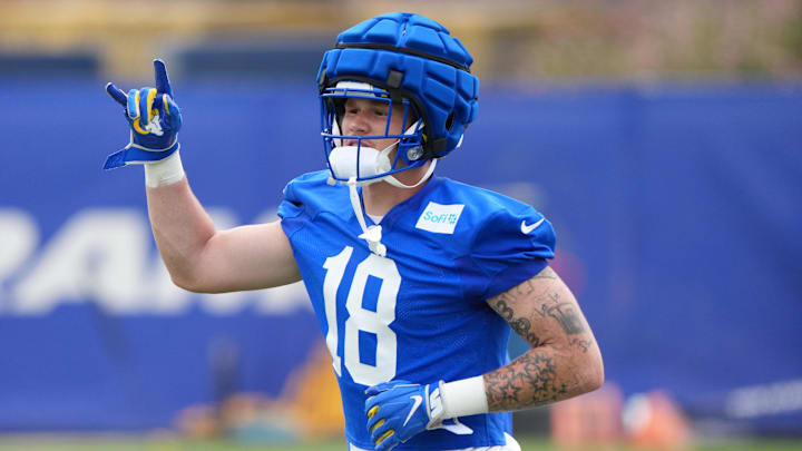 May 28, 2025; Woodland Hills, CA, USA; Los Angeles Rams tight end Terrance Ferguson gives a sign during organized team activities at Rams Practice Facility. Mandatory Credit: Kirby Lee-Imagn Images