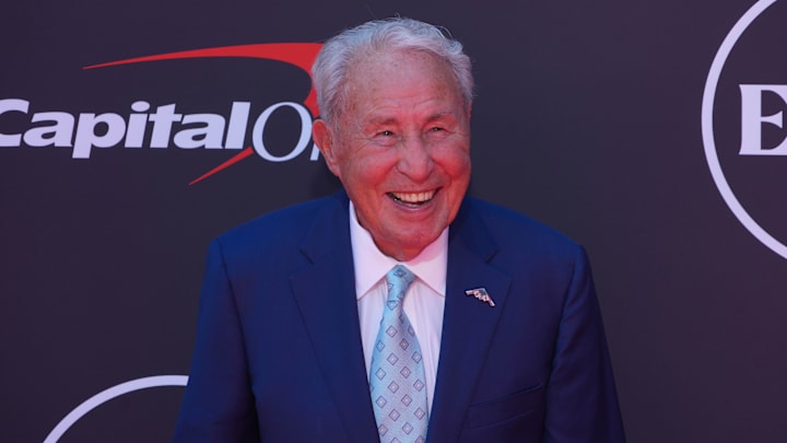 Jul 16, 2025; Hollywood, CA, USA; Lee Corso poses on the ESPYs red carpet at the Dolby Theatre. Mandatory Credit: Kirby Lee-Imagn Images