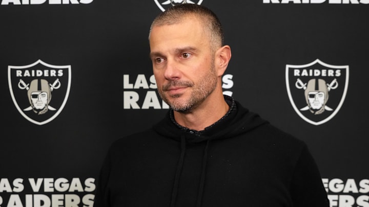 Feb 25, 2025; Indianapolis, IN, USA; Las Vegas Raiders general manager John Spytek on radio row during the NFL Scouting Combine at the Indiana Convention Center. Mandatory Credit: Kirby Lee-Imagn Images