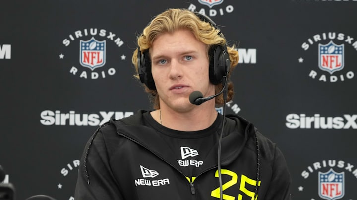 Feb 26, 2025; Indianapolis, IN, USA; UCLA linebacker Carson Schwesinger (LB25) during the 2025 NFL Scouting Combine at the Indiana Convention Center. Mandatory Credit: Kirby Lee-Imagn Images
