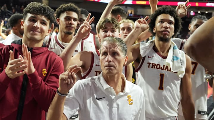 Nov 4, 2024; Los Angeles, California, USA; Southern California Trojans head coach Eric Musselman cheers after the game against the Chattanooga Mocs at Galen Center. Mandatory Credit: Kirby Lee-Imagn Images