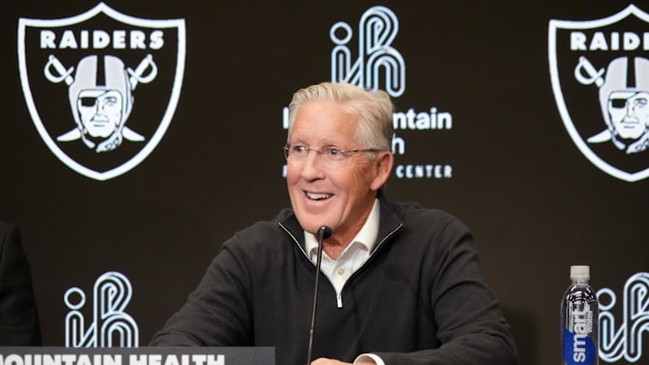 Jan 27, 2025; Las Vegas, NV, USA; Las Vegas Raiders coach Pete Carroll at press conference at Intermountain Health Performance Center. Mandatory Credit: Kirby Lee-Imagn Images