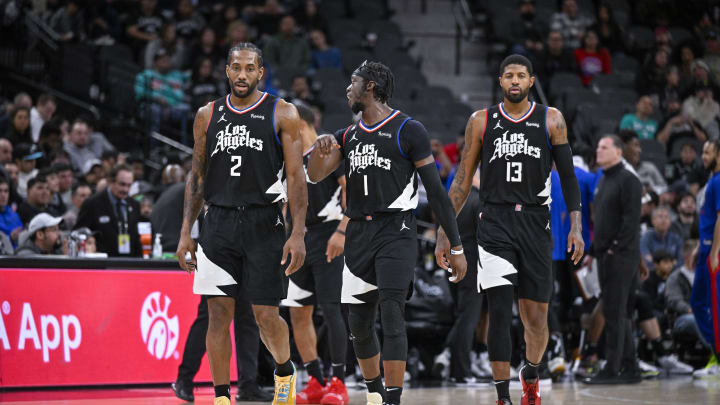 Jan 20, 2023; San Antonio, Texas, USA; LA Clippers forward Kawhi Leonard (2) and guard Reggie Jackson (1) and guard Paul George (13) walk back onto the court during the second half against the San Antonio Spurs at the AT&T Center. Mandatory Credit: Jerome Miron-USA TODAY Sports Jan 20, 2023; San Antonio, Texas, USA; LA Clippers forward Kawhi Leonard (2) and guard Reggie Jackson (1) and guard Paul George (13) walk back onto the court during the second half against the San Antonio Spurs at the AT&T Center. Mandatory Credit: Jerome Miron-USA TODAY Sports