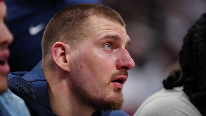 Mar 12, 2025; Denver, Colorado, USA; Denver Nuggets center Nikola Jokic (15) on the bench in the fourth quarter against the Minnesota Timberwolves at Ball Arena. Mandatory Credit: Ron Chenoy-Imagn Images Mar 12, 2025; Denver, Colorado, USA; Denver Nuggets center Nikola Jokic (15) on the bench in the fourth quarter against the Minnesota Timberwolves at Ball Arena. Mandatory Credit: Ron Chenoy-Imagn Images