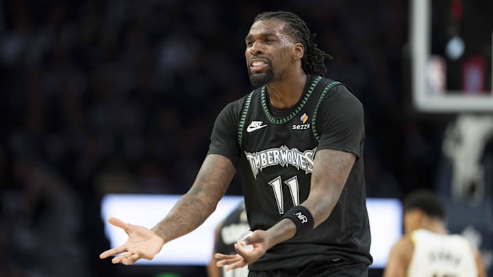 Oct 26, 2025; Minneapolis, Minnesota, USA; Minnesota Timberwolves center Naz Reid (11) reacts to a foul called against the Indiana Pacers in the second half at Target Center. Mandatory Credit: Jesse Johnson-Imagn Images Oct 26, 2025; Minneapolis, Minnesota, USA; Minnesota Timberwolves center Naz Reid (11) reacts to a foul called against the Indiana Pacers in the second half at Target Center. Mandatory Credit: Jesse Johnson-Imagn Images