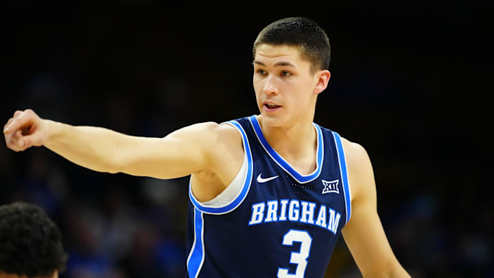 Jan 21, 2025; Boulder, Colorado, USA; Brigham Young Cougars guard Egor Demin (3) reacts after a play in the second half against the Colorado Buffaloes at CU Events Center. Mandatory Credit: Ron Chenoy-Imagn Images