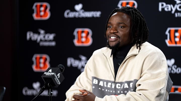 Bengals defensive end Boye Mafe speaks to the media during a press conference at Paycor Stadium in Cincinnati on Thursday, March 12, 2026.