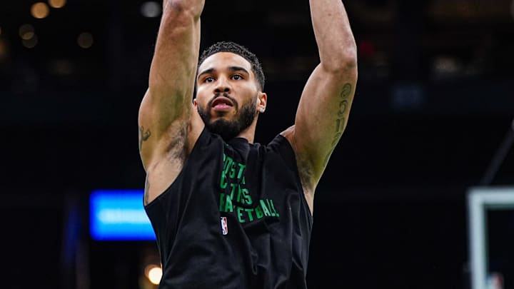 Nov 12, 2024; Boston, Massachusetts, USA; Boston Celtics forward Jayson Tatum (0) warms up before the start of the game against the Atlanta Hawks at TD Garden. Mandatory Credit: David Butler II-Imagn Images