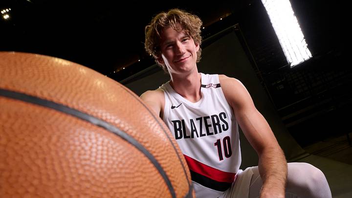Sep 28, 2026; Portland, OR, USA; Portland Trail Blazers center Branden Carlson (10) during media day at the Moda Center. Mandatory Credit: Troy Wayrynen-Imagn Images