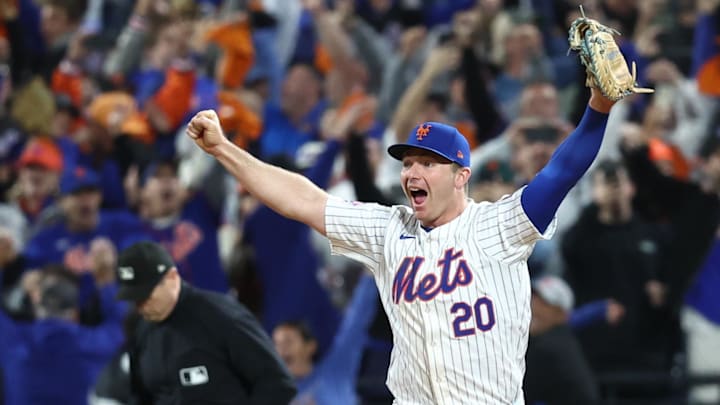 Oct 9, 2024; New York, New York, USA; New York Mets first baseman Pete Alonso (20) celebrates after defeating the Philadelphia Phillies in game four of the NLDS for the 2024 MLB Playoffs at Citi Field. Mandatory Credit: Wendell Cruz-Imagn Images