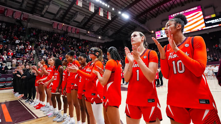 Virginia Tech Women's Basketball team prior to tip-off vs Radford in 2025.
