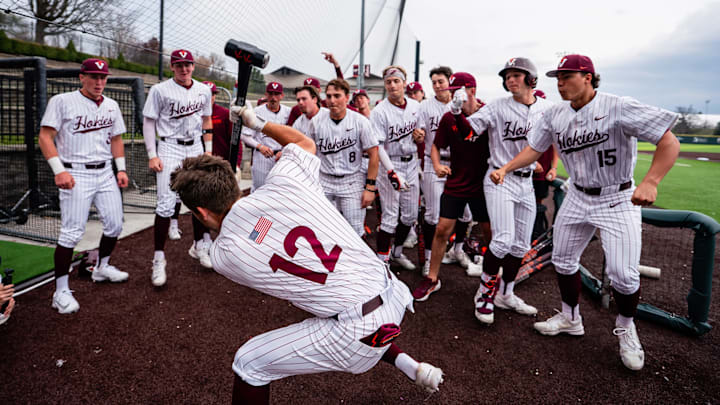 Ethan Gibson swinging the Virginia Tech home run hammer after his two-run home run vs Stanford in 2026.