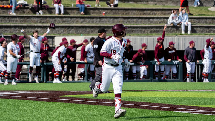 Blacksburg, VA — Hudson Lutterman watching his walk-off home run clear the fence during game three vs Pitt, 2026.
