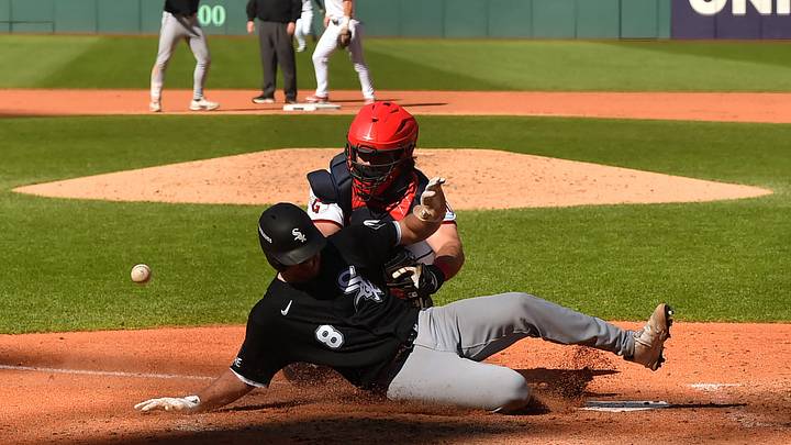 Oct 3, 2026; Cleveland, Ohio, USA; Chicago White Sox catcher Kyle Teel (8) slides home to score as Cleveland Guardians catcher Austin Hedges (27) loses the ball during the seventh inning in game one of the ALDS for the 2026 MLB Playoffs at Progressive Field. Mandatory Credit: Ken Blaze-Imagn Images Oct 3, 2026; Cleveland, Ohio, USA; Chicago White Sox catcher Kyle Teel (8) slides home to score as Cleveland Guardians catcher Austin Hedges (27) loses the ball during the seventh inning in game one of the ALDS for the 2026 MLB Playoffs at Progressive Field. Mandatory Credit: Ken Blaze-Imagn Images