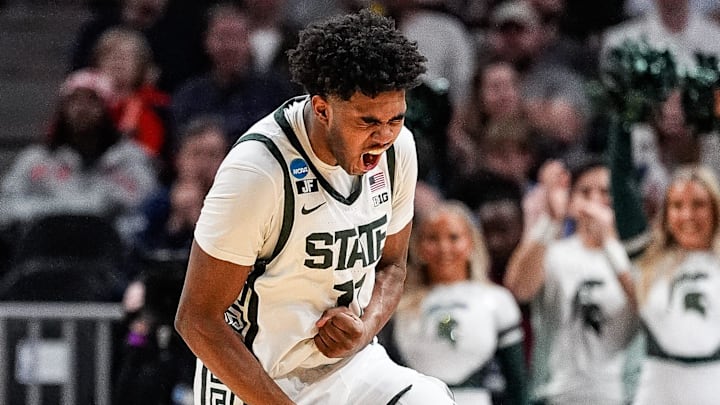 Michigan State guard Jase Richardson (11) celebrates a three point basket against Ole Miss during the first half of the Sweet 16 round of NCAA tournament at State Farm Arena in Atlanta, Ga. on Friday, March 28, 2025.