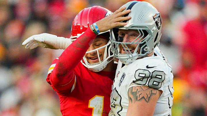 Nov 29, 2024; Kansas City, Missouri, USA; Kansas City Chiefs quarterback Patrick Mahomes (15) and Las Vegas Raiders defensive end Maxx Crosby (98) embrace during the second half at GEHA Field at Arrowhead Stadium. Mandatory Credit: Jay Biggerstaff-Imagn Images Nov 29, 2024; Kansas City, Missouri, USA; Kansas City Chiefs quarterback Patrick Mahomes (15) and Las Vegas Raiders defensive end Maxx Crosby (98) embrace during the second half at GEHA Field at Arrowhead Stadium. Mandatory Credit: Jay Biggerstaff-Imagn Images