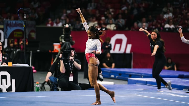 Alabama gymnast Jamison Sears compete on floor exercise at Oklahoma