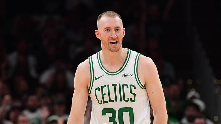 Apr 19, 2026; Boston, Massachusetts, USA; Boston Celtics forward Sam Hauser (30) reacts after making a three point basket in the second half during game one of the first round of the 2026 NBA Playoffs against the Philadelphia 76ers at TD Garden. 