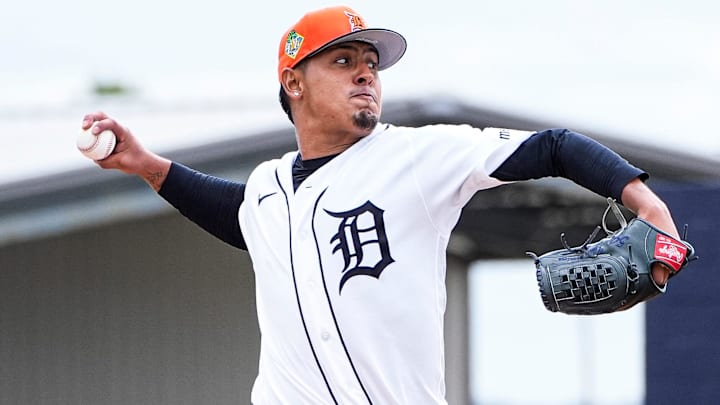 Detroit Tigers pitcher Keider Montero throws at live batting practice during spring training at TigerTown in Lakeland, Fla. on Monday, Feb. 16, 2026.