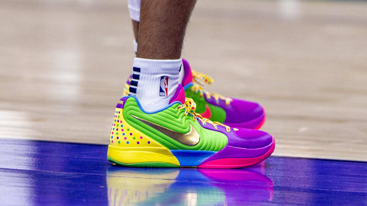 Mar 9, 2025; New Orleans, Louisiana, USA;  Detailed view of the shoes worn by Memphis Grizzlies guard Ja Morant (12) against the New Orleans Pelicans during the first half at Smoothie King Center.