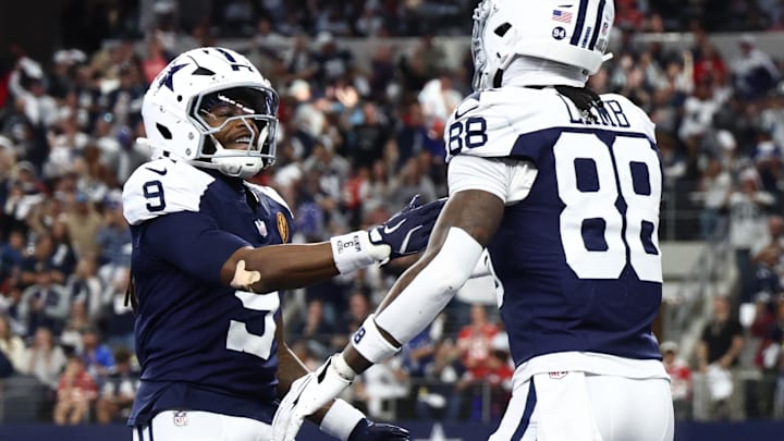 Dallas Cowboys wide receiver KaVontae Turpin and CeeDee Lamb celebrate after a touchdown against the Kansas City Chiefs 