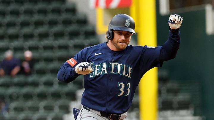 Apr 7, 2026; Arlington, Texas, USA; Seattle Mariners third baseman Brendan Donovan (33) reacts after hitting a home run during the first inning against the Texas Rangers at Globe Life Field. Mandatory Credit: Kevin Jairaj-Imagn Images Apr 7, 2026; Arlington, Texas, USA; Seattle Mariners third baseman Brendan Donovan (33) reacts after hitting a home run during the first inning against the Texas Rangers at Globe Life Field. Mandatory Credit: Kevin Jairaj-Imagn Images