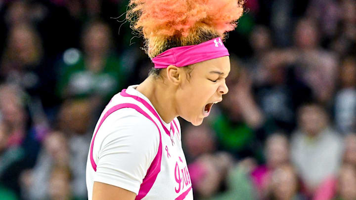 Notre Dame Fighting Irish guard Hannah Hidalgo (3) reacts