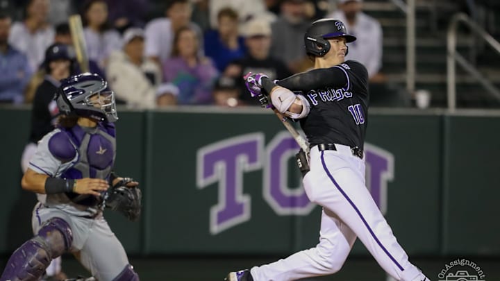 Sawyer Strosnider takes a swing in TCU's win over Tarleton State. 