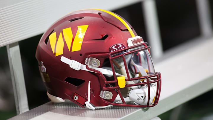 Oct 15, 2023; Atlanta, Georgia, USA; A Washington Commanders helmet on the bench against the Atlanta Falcons in the second half at Mercedes-Benz Stadium. Mandatory Credit: Brett Davis-Imagn Images