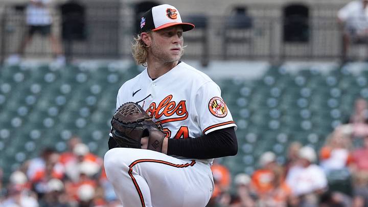 Aug 23, 2026; Baltimore, Maryland, USA;  Baltimore Orioles pitcher Shane Baz (34) delivers a pitch against the Tampa Bay Rays during the first inning at Oriole Park at Camden Yards.  Mandatory Credit: Gregory Fisher-Imagn Images