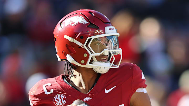 Arkansas Razorbacks quarterback Taylen Green (10) looks to pass.