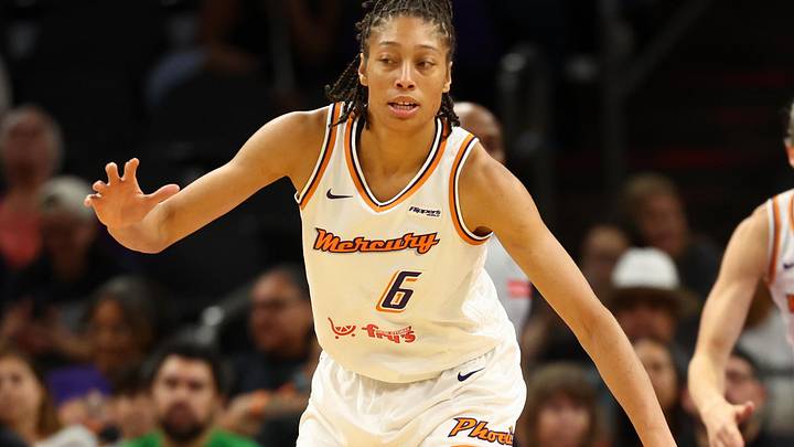May 11, 2025; Phoenix, AZ, USA; Phoenix Mercury forward Alexis Prince (6) against the Golden State Valkyries during a preseason game at PHX Arena. Mandatory Credit: Mark J. Rebilas-Imagn Images