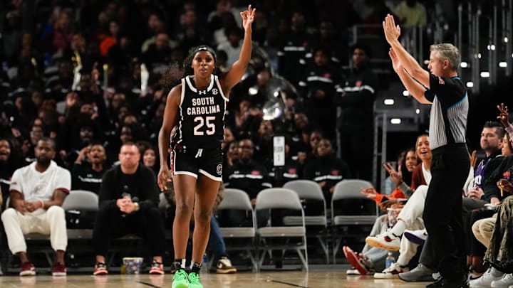 Dec 8, 2024; Fort Worth, Texas, USA;  South Carolina Gamecocks guard Raven Johnson (25) reacts after scoring a three point basket against the TCU Horned Frogs during the second half at Dickies Arena. Mandatory Credit: Chris Jones-Imagn Images