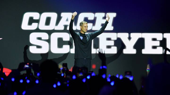 Oct 3, 2026; Durham, NC, USA;  Duke Blue Davils head coach Jon Scheyer during the Countdown to Craziness at Cameron Indoor Stadium.  Mandatory Credit: Zachary Taft-Imagn Images