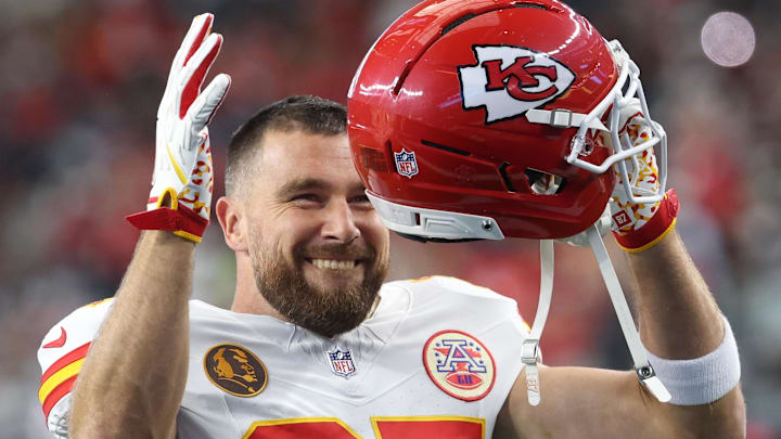 Nov 27, 2025; Arlington, Texas, USA; Kansas City Chiefs tight end Travis Kelce (87) warms up prior to the game against the Dallas Cowboys at AT&T Stadium. Mandatory Credit: Kevin Jairaj-Imagn Images