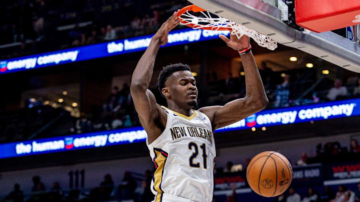 Apr 6, 2025; New Orleans, Louisiana, USA; New Orleans Pelicans center Yves Missi (21) dunks the ball against the Milwaukee Bucks during the second half at Smoothie King Center.