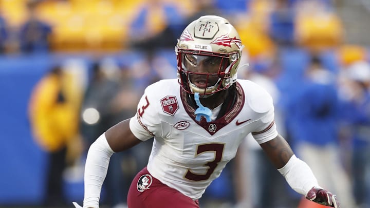 Nov 4, 2023; Pittsburgh, Pennsylvania, USA;  Florida State Seminoles defensive back Kevin Knowles II (3) drops into pass coverage against the Pittsburgh Panthers during the second quarter at Acrisure Stadium. Mandatory Credit: Charles LeClaire-USA TODAY Sports