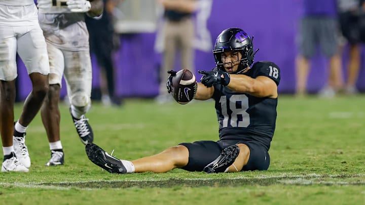 Sep 14, 2024; Fort Worth, Texas, USA; TCU Horned Frogs wide receiver Jack Bech (18) signals first down after a catch during the fourth quarter against the UCF Knights at Amon G. Carter Stadium. Mandatory Credit: Andrew Dieb-Imagn Images