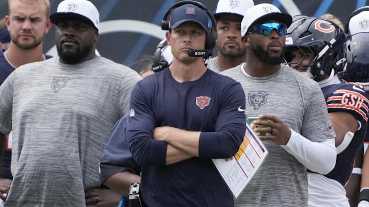 Aug 10, 2025; Chicago, Illinois, USA; Chicago Bears head coach Ben Johnson on the sidelines against the Miami Dolphins during the first half at Soldier Field. Mandatory Credit: David Banks-Imagn Images
